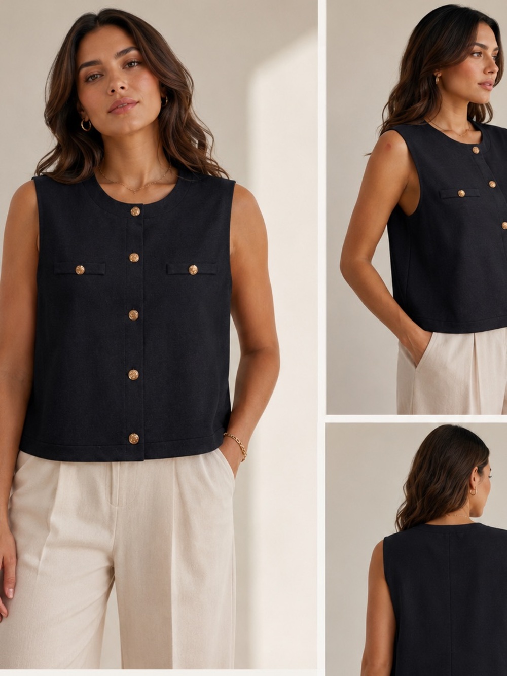 Autres Filles Black Tailored Vest Gold Crest Buttons Parisian Chic NWT Classic L